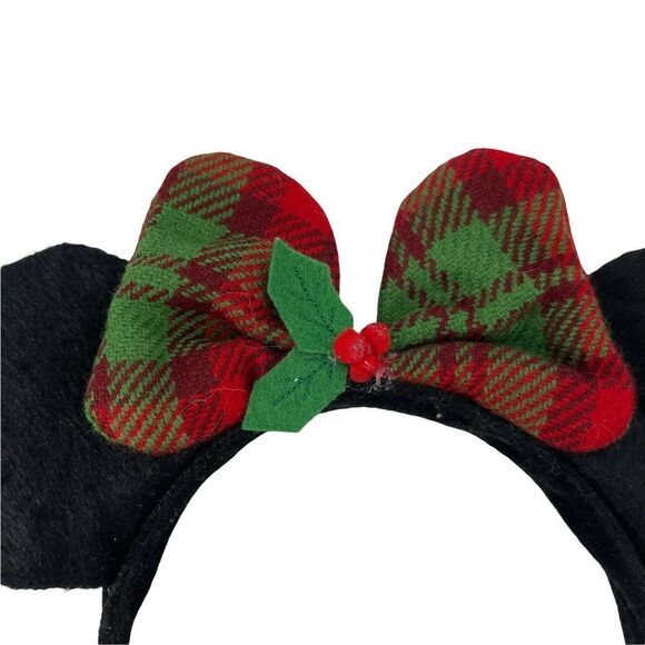 Disney Minnie Mouse Ears Christmas Holiday Holly Plaid Bow Adult OS Handmade - Picture 3 of 3